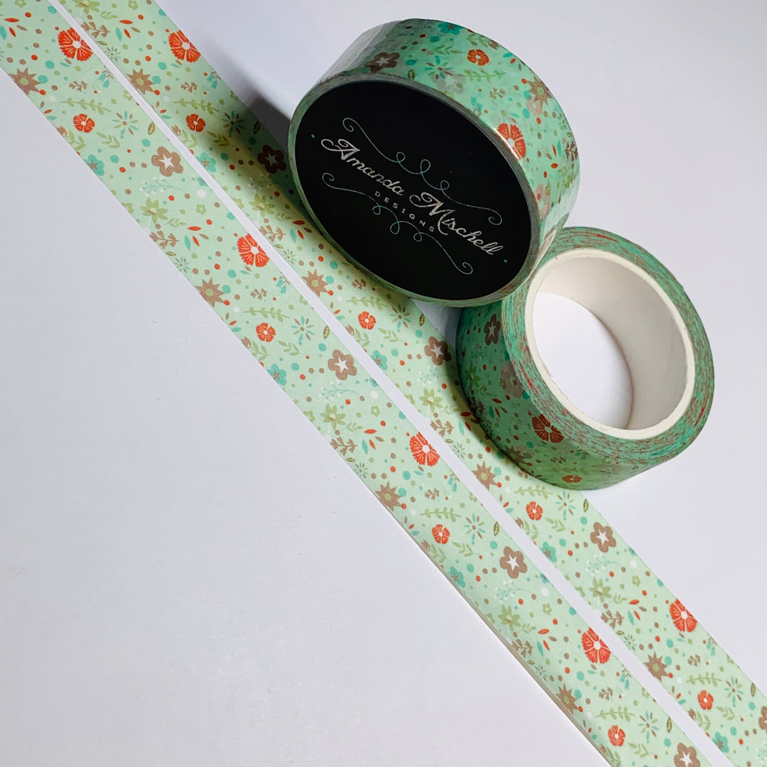 WINTERGREEN FLORAL PRINT Amanda Mischell Washi Tape ~ 1 Roll ~ 15mm x 10m (33 Feet)