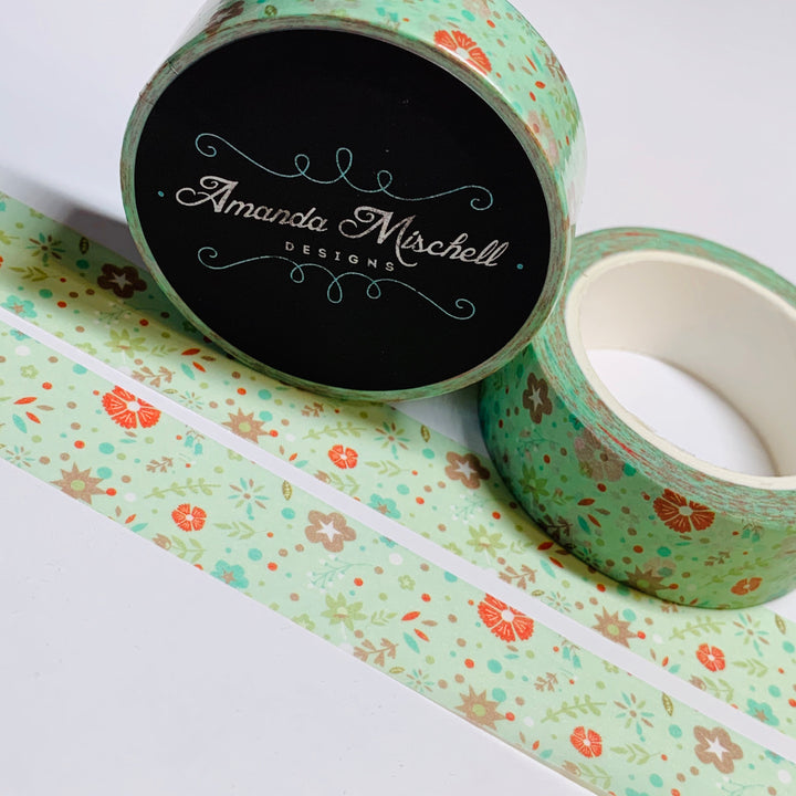 WINTERGREEN FLORAL PRINT Amanda Mischell Washi Tape ~ 1 Roll ~ 15mm x 10m (33 Feet)