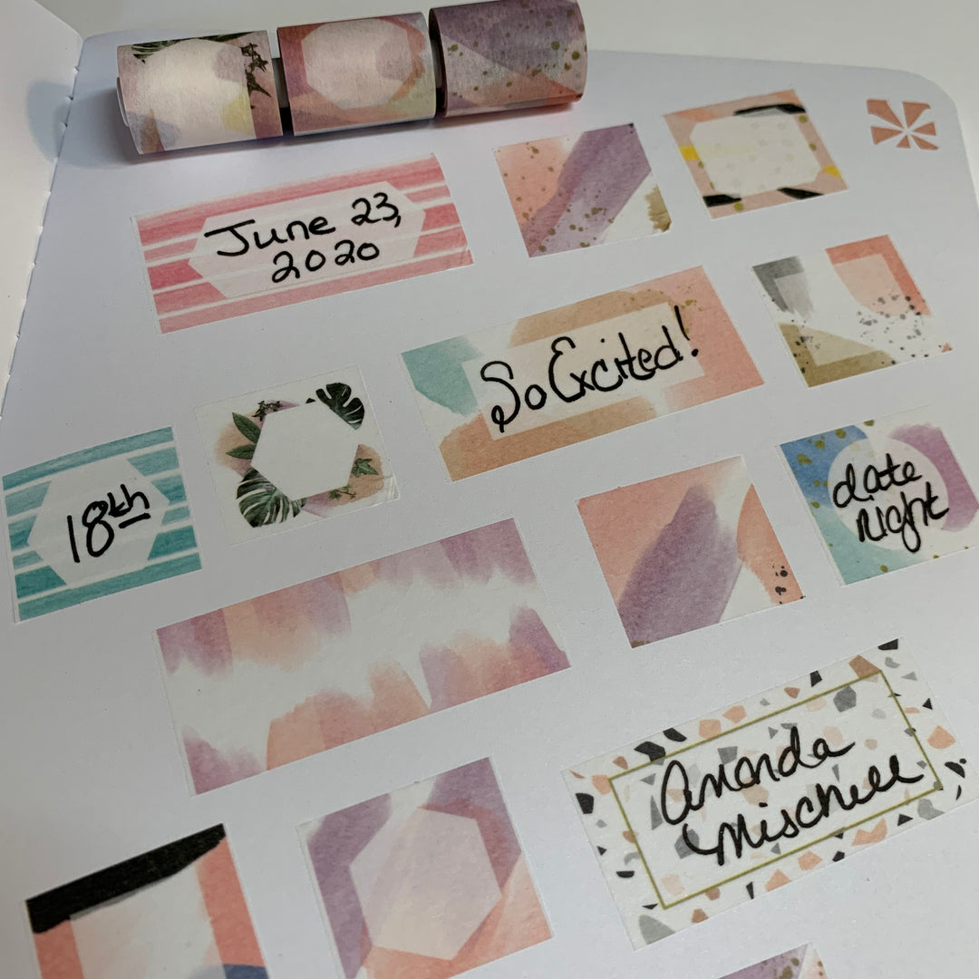 ARTISTIC BRUSH STROKES Bullet Journal Label Easy Tear Maste Washi Tape ~ 3 Rolls on 1 Cardboard Tube