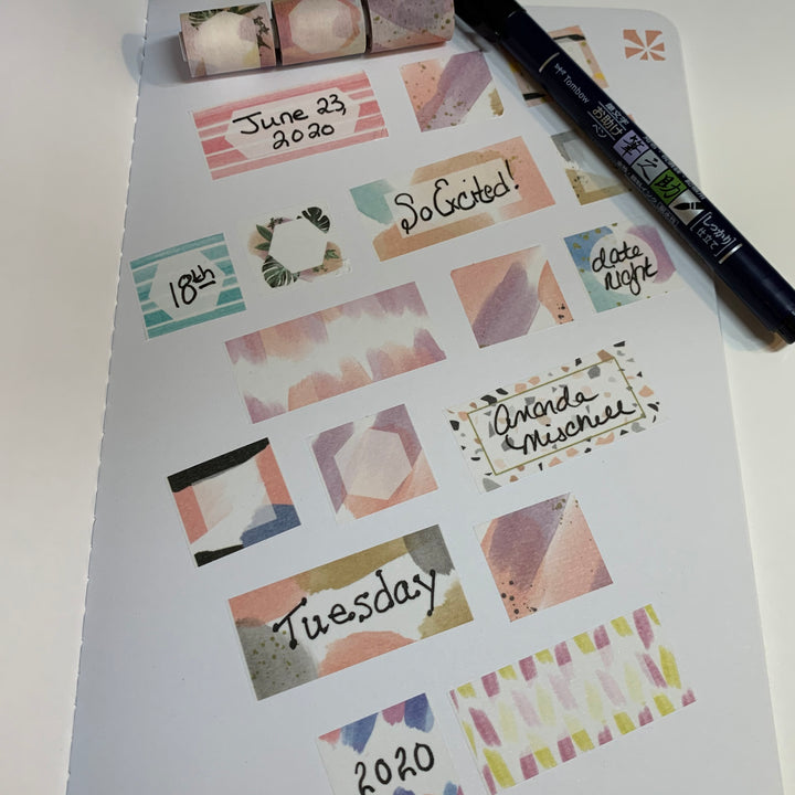 ARTISTIC BRUSH STROKES Bullet Journal Label Easy Tear Maste Washi Tape ~ 3 Rolls on 1 Cardboard Tube