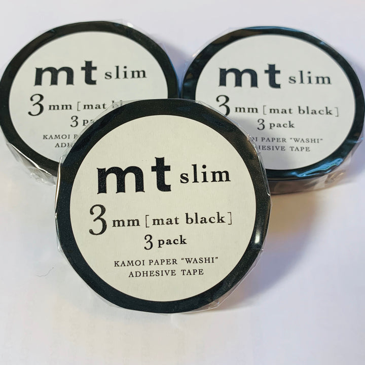 SLIM BLACK MATTE Mt Washi Tape ~ 3 Rolls  Set ~ 3mm x 7m (23 Feet Each Roll)