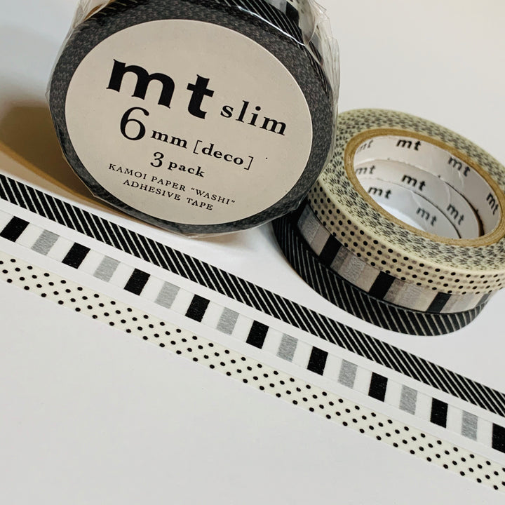 TRI-COLOR BLACK & White Stripes and Polka Dots Mt Washi Tape ~ 3 Rolls 1 Price ~ Each 6mm x 10m (33 Feet)