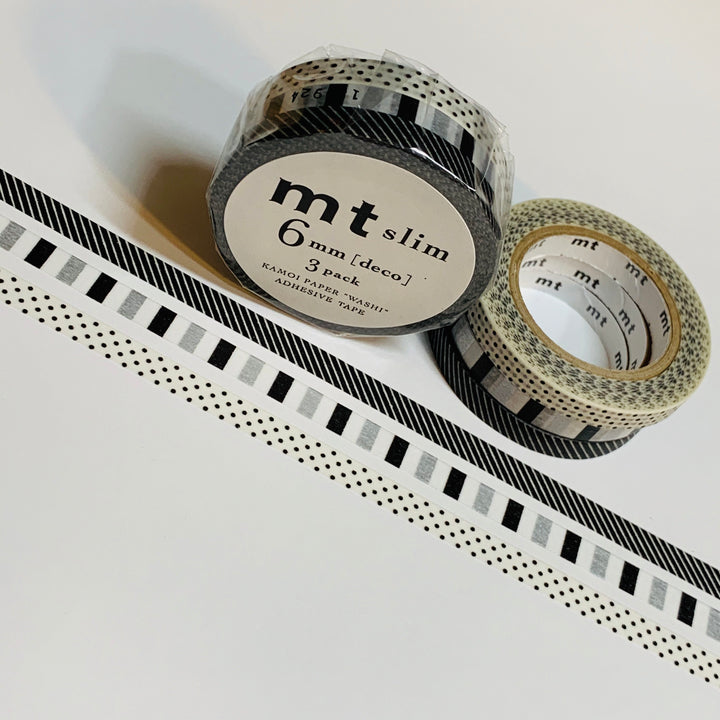 TRI-COLOR BLACK & White Stripes and Polka Dots Mt Washi Tape ~ 3 Rolls 1 Price ~ Each 6mm x 10m (33 Feet)