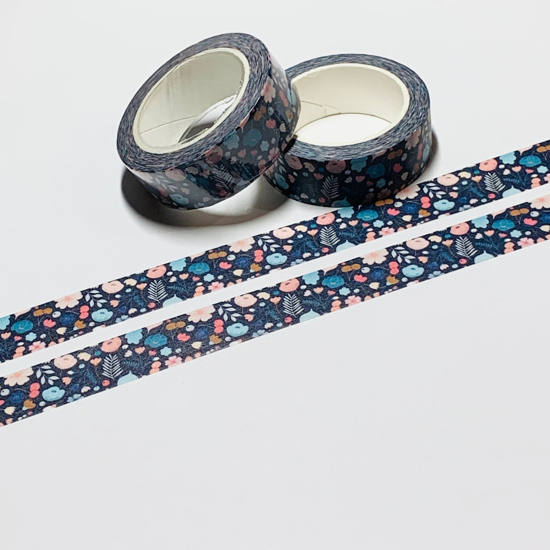 MINI NAVY PINK And Blue Floral Print Flowers Washi Tape ~ 1 Roll ~ 15mm x 10m (33 Feet)