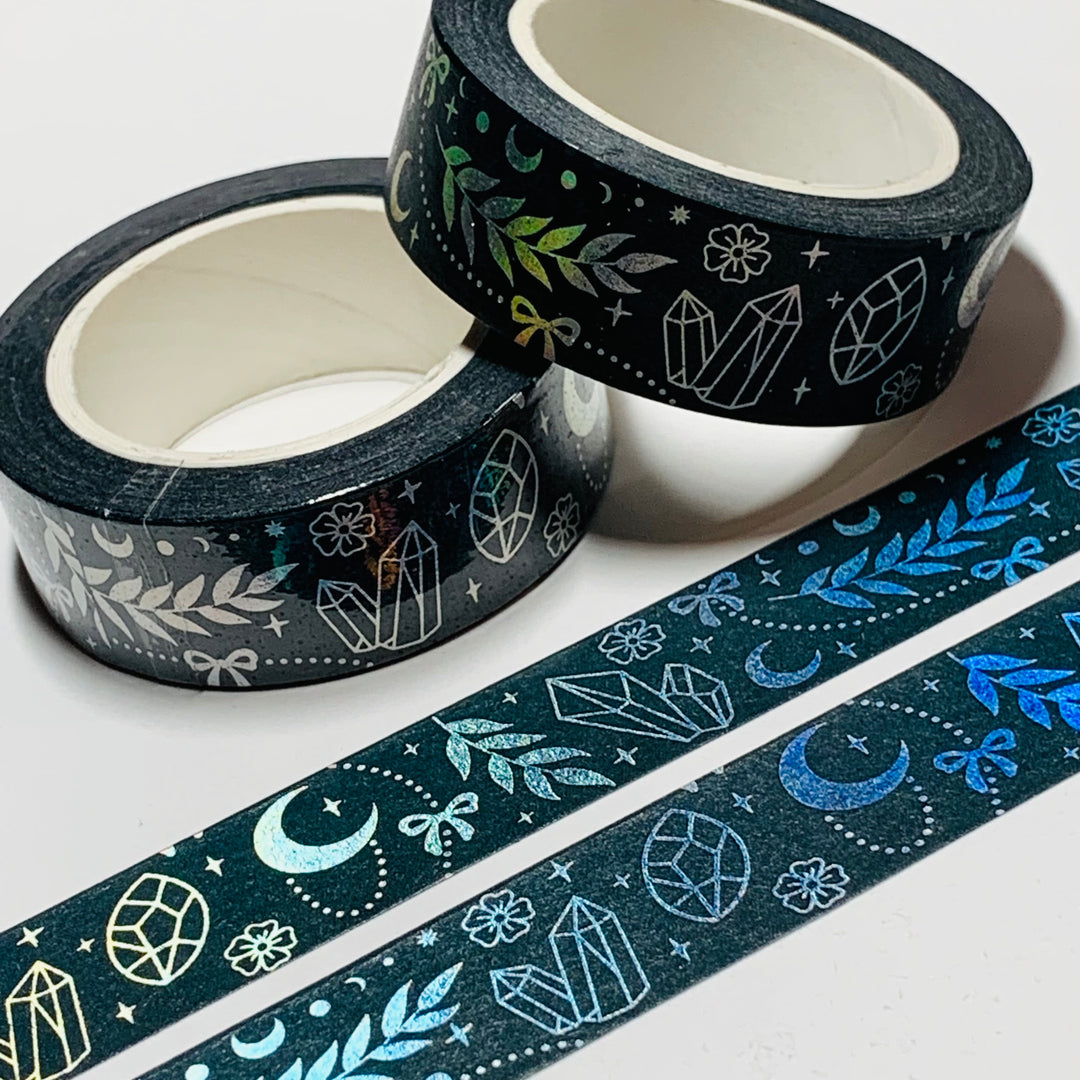 BLACK & HOLOGRAPHIC CELESTIAL ICONS Embossed Washi Tape ~ 1 Roll ~ 15mm x 10m (33 Feet)