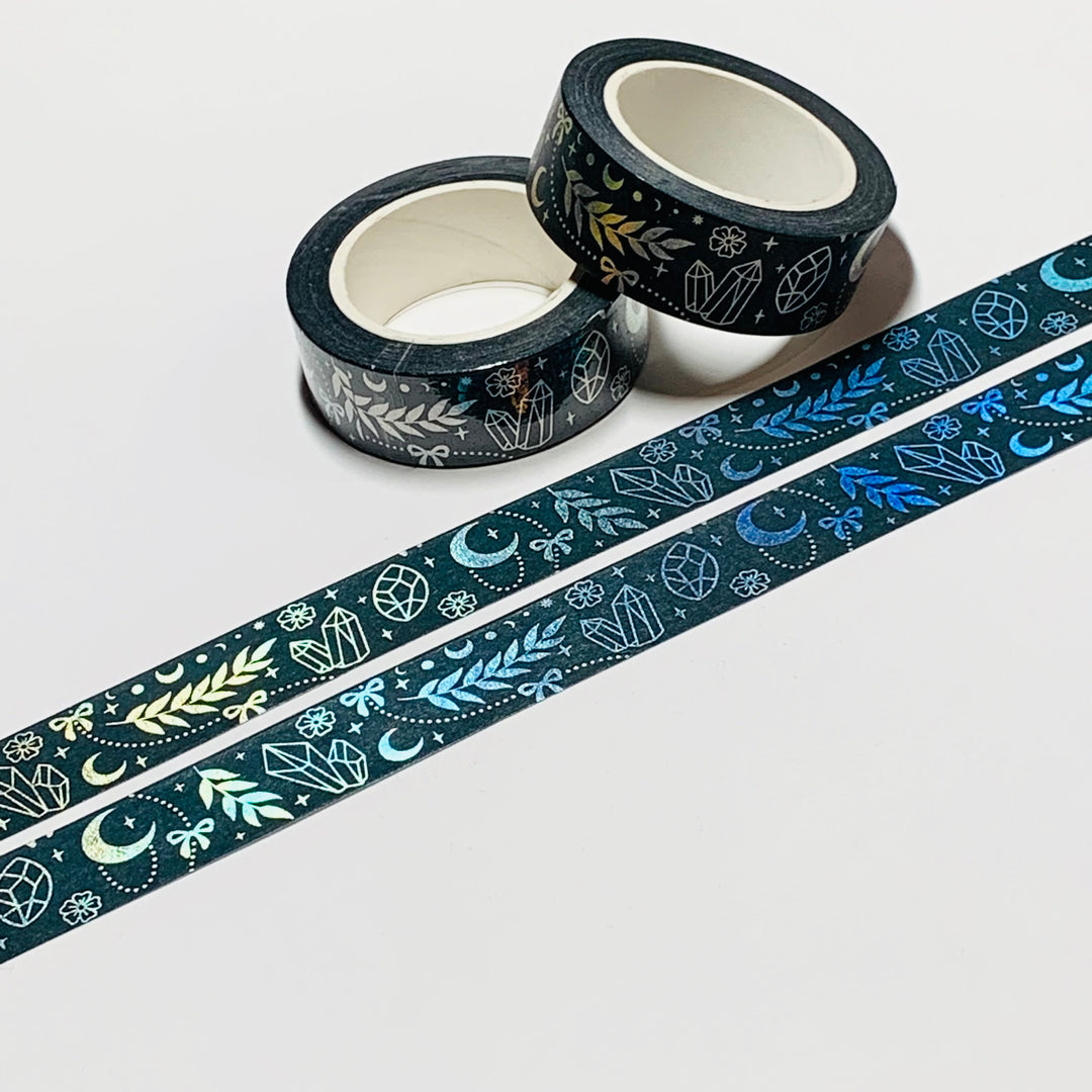 BLACK & HOLOGRAPHIC CELESTIAL ICONS Embossed Washi Tape ~ 1 Roll ~ 15mm x 10m (33 Feet)