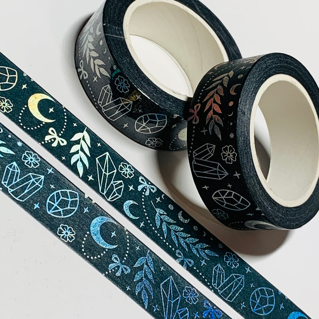 BLACK & HOLOGRAPHIC CELESTIAL ICONS Embossed Washi Tape ~ 1 Roll ~ 15mm x 10m (33 Feet)