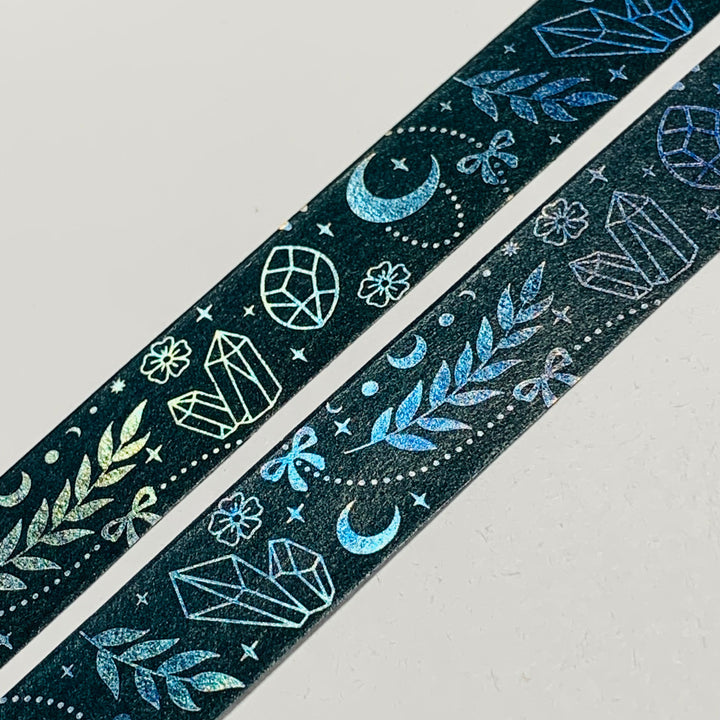 BLACK & HOLOGRAPHIC CELESTIAL ICONS Embossed Washi Tape ~ 1 Roll ~ 15mm x 10m (33 Feet)