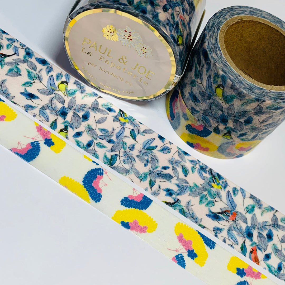 PAUL & JOE ENCHANTED Feather Tree And Winter Elderflower Designer Washi Tape Set ~ 2 Rolls ~ 25mm | 15mm x 7m (23 Feet Each Roll)