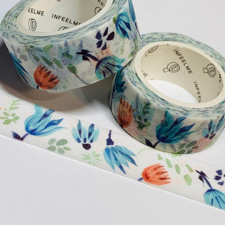 BLUE & ROSE FLOWERS Blowing in the Wind Watercolor Washi Tape - 1 Roll - 15mm x 7m (23 Feet)