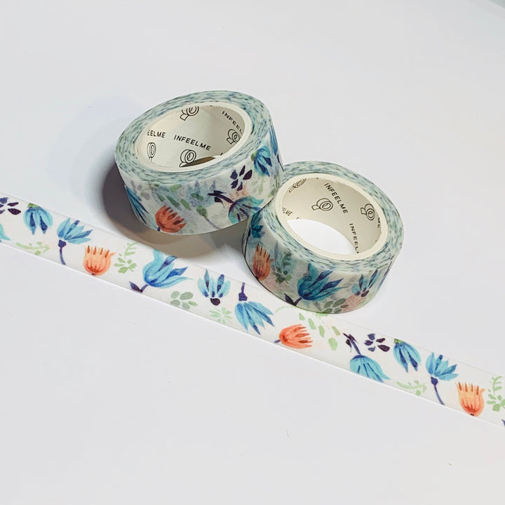 BLUE & ROSE FLOWERS Blowing in the Wind Watercolor Washi Tape - 1 Roll - 15mm x 7m (23 Feet)