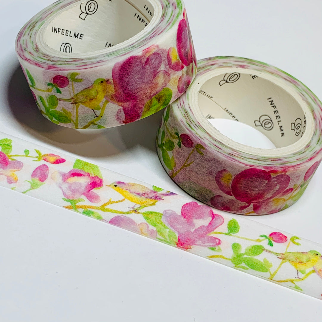 WATERCOLOR IRISES and CHICKADEE Floral Washi Tape ~ 1 Roll ~ 15mm x 7m (23 Feet)