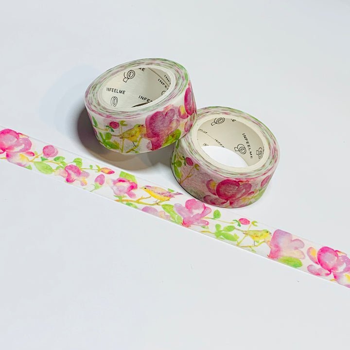 WATERCOLOR IRISES and CHICKADEE Floral Washi Tape ~ 1 Roll ~ 15mm x 7m (23 Feet)