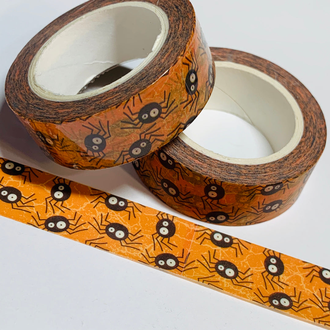 CREEPY BLACK SPIDERS On Orange Crackle Pattern Halloween Washi Tape ~ 1 Roll ~ 15mm x 10m (33 Feet)