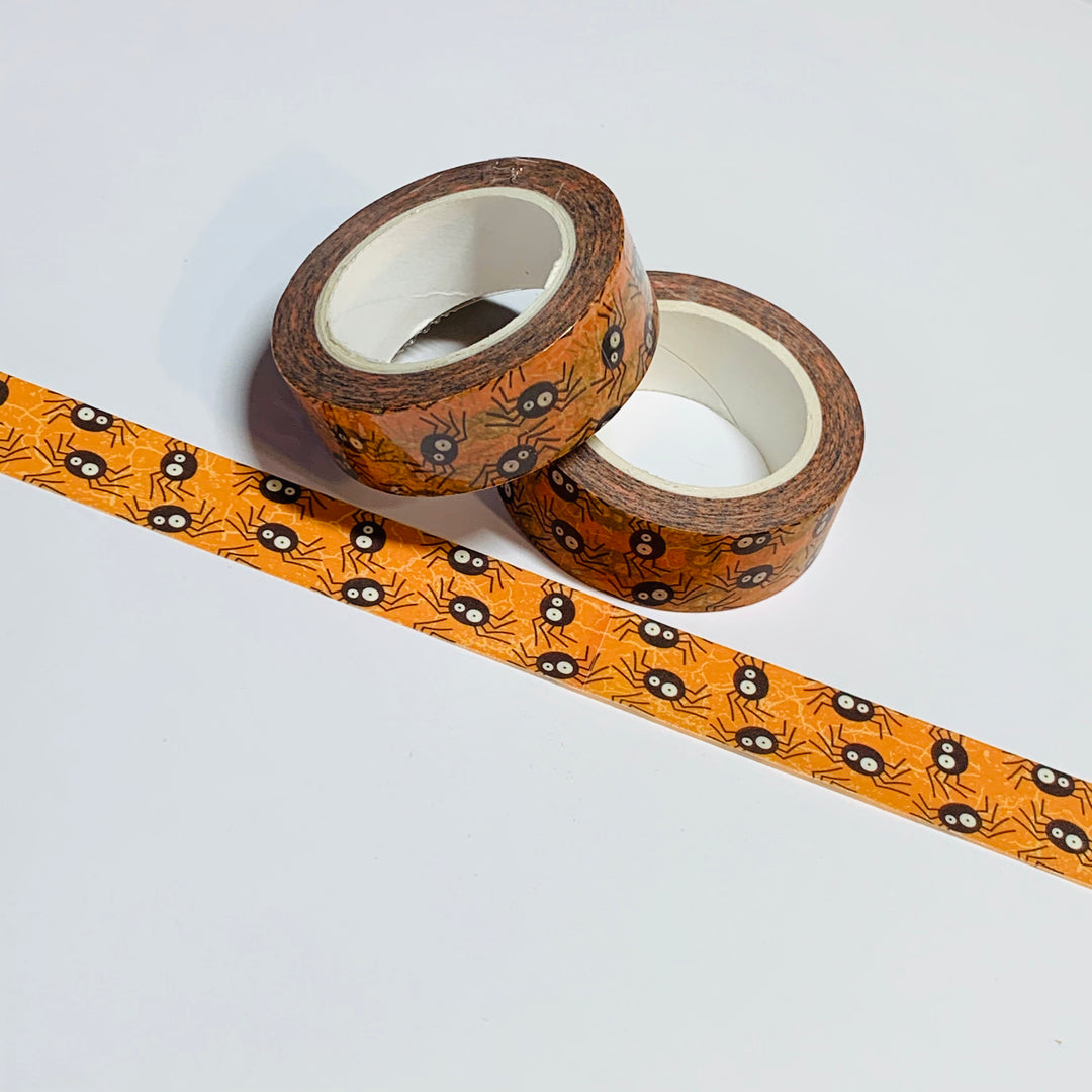 CREEPY BLACK SPIDERS On Orange Crackle Pattern Halloween Washi Tape ~ 1 Roll ~ 15mm x 10m (33 Feet)