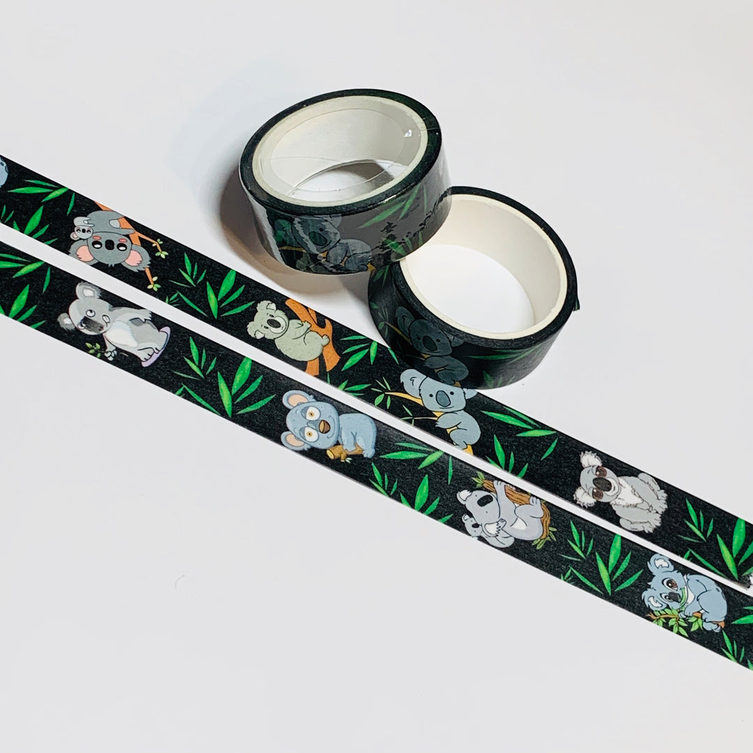 CUDDLY And LOVABLE KOALA Bear On Black Animation Washi Tape ~ 1 Roll ~ 15mm x 5m (16 Feet)