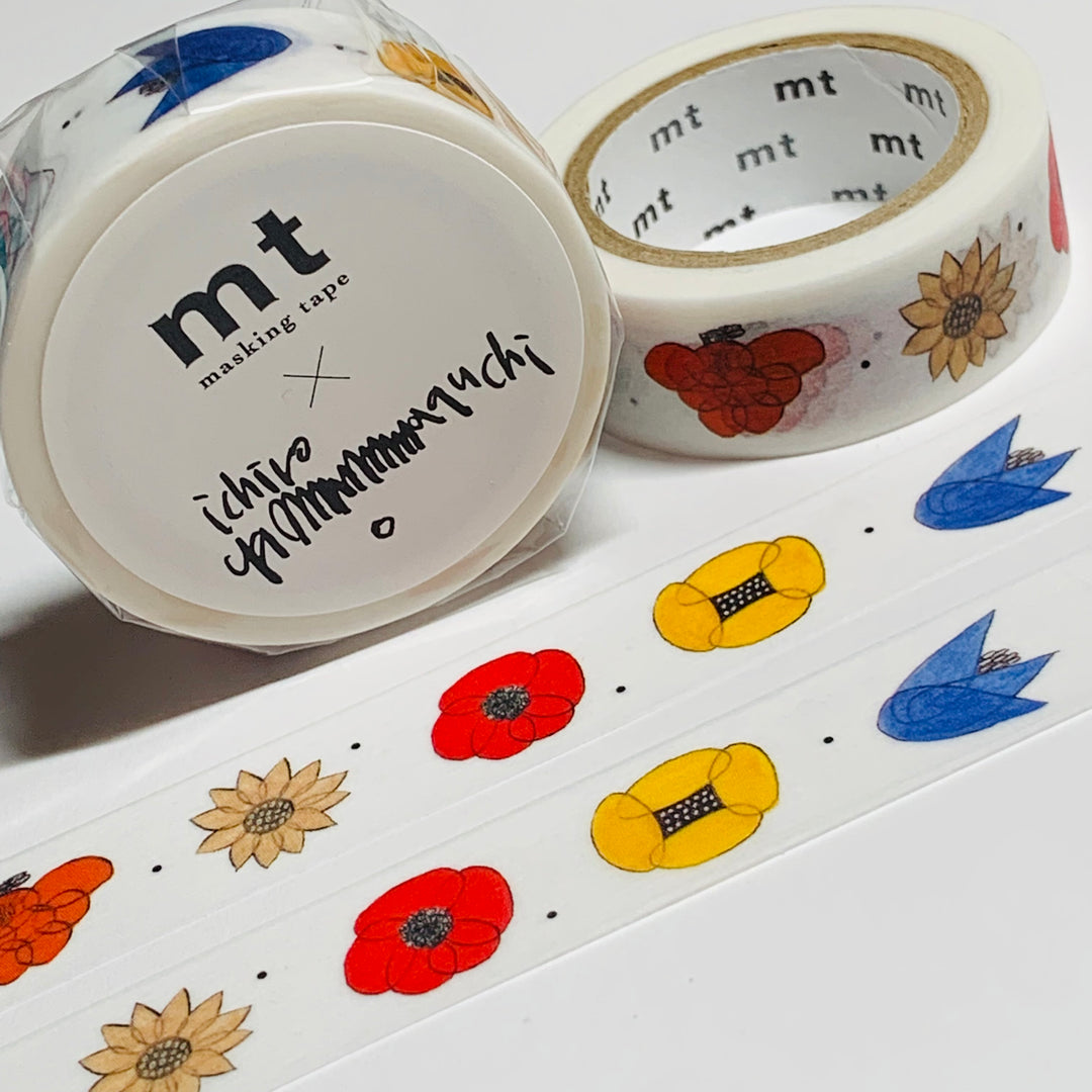 HANA COLORFUL ILLUSTRATED FLOWERS By Ichiro Yamaguchi For Mt Washi Tape - 1 Roll - 15mm x 7m (23 Feet)