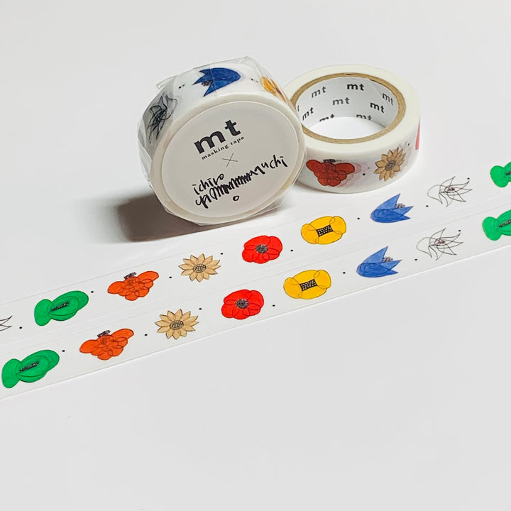 HANA COLORFUL ILLUSTRATED FLOWERS By Ichiro Yamaguchi For Mt Washi Tape - 1 Roll - 15mm x 7m (23 Feet)