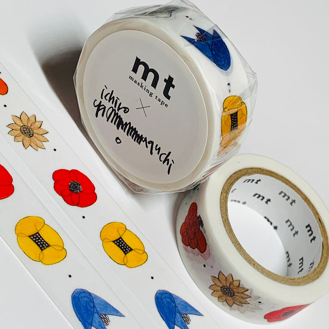 HANA COLORFUL ILLUSTRATED FLOWERS By Ichiro Yamaguchi For Mt Washi Tape - 1 Roll - 15mm x 7m (23 Feet)