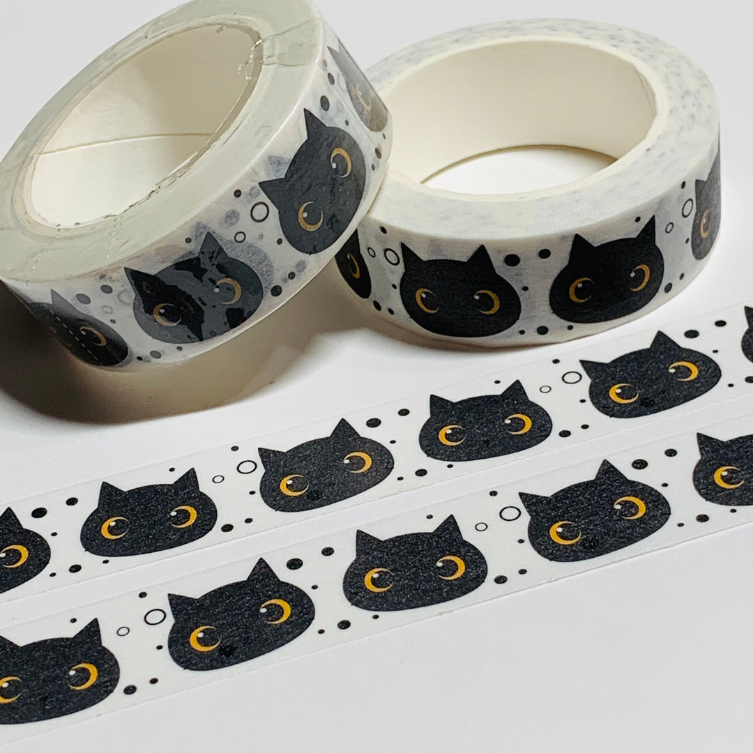 KAWAII EYES BLACK Bobbing Cat Heads Washi Tape - 1 Roll - 15mm x 10m (33 Feet)