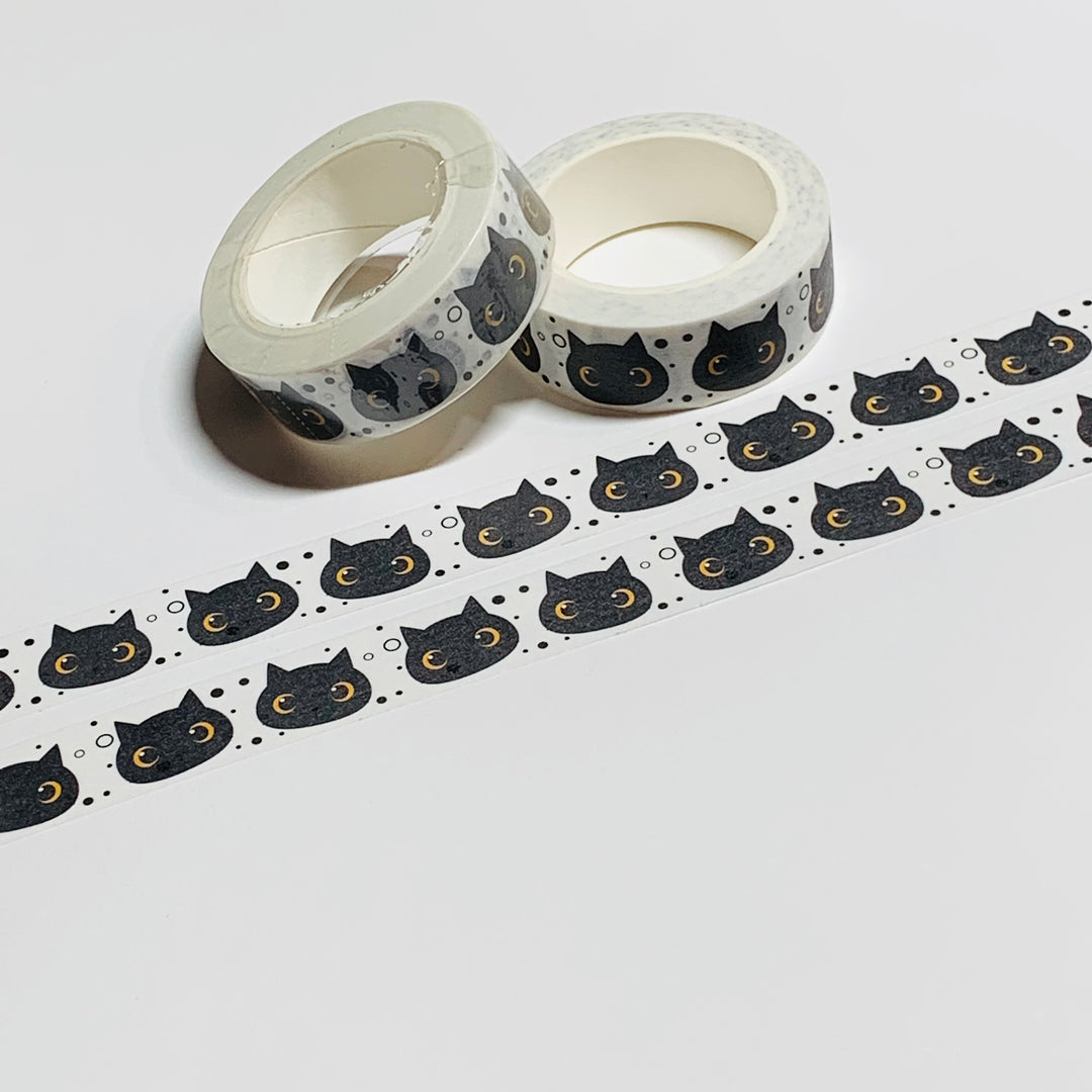 KAWAII EYES BLACK Bobbing Cat Heads Washi Tape - 1 Roll - 15mm x 10m (33 Feet)