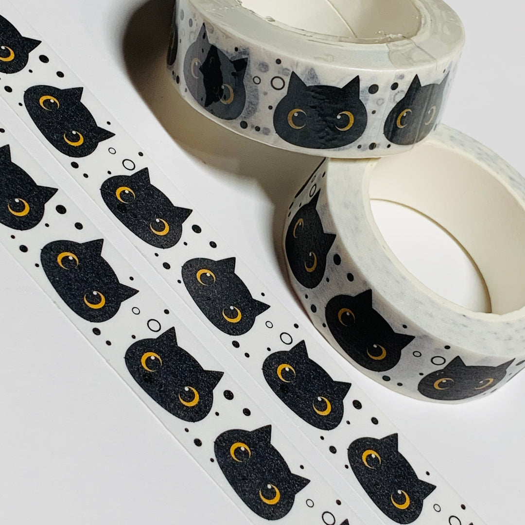 KAWAII EYES BLACK Bobbing Cat Heads Washi Tape - 1 Roll - 15mm x 10m (33 Feet)