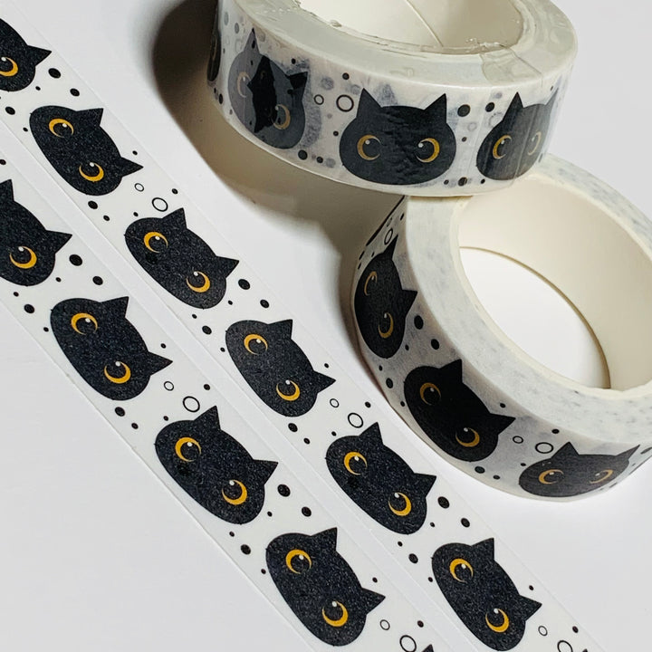 KAWAII EYES BLACK Bobbing Cat Heads Washi Tape - 1 Roll - 15mm x 10m (33 Feet)