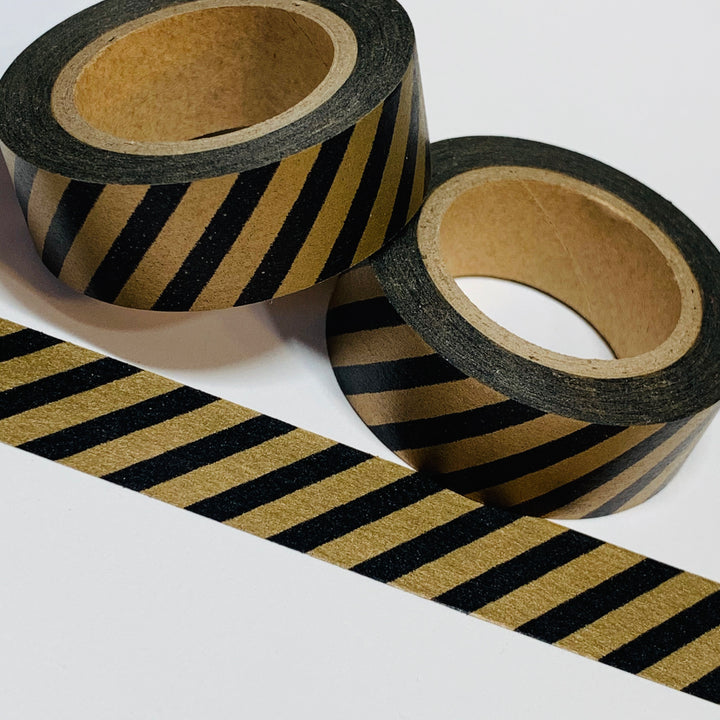 BLACK GOLD DIAGONAL Stripes Washi Tape ~ 1 Roll ~ 15mm x 10m (33 Feet)