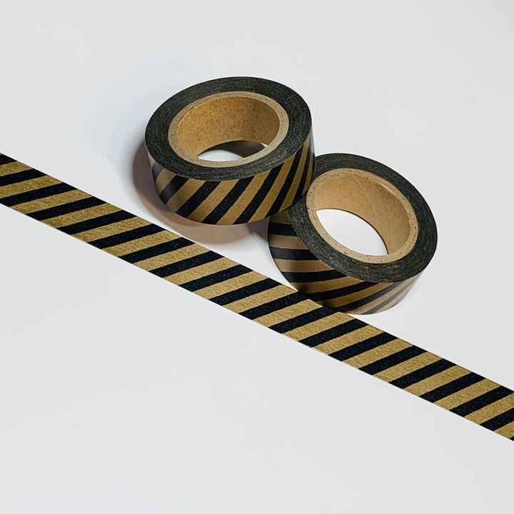 BLACK GOLD DIAGONAL Stripes Washi Tape ~ 1 Roll ~ 15mm x 10m (33 Feet)