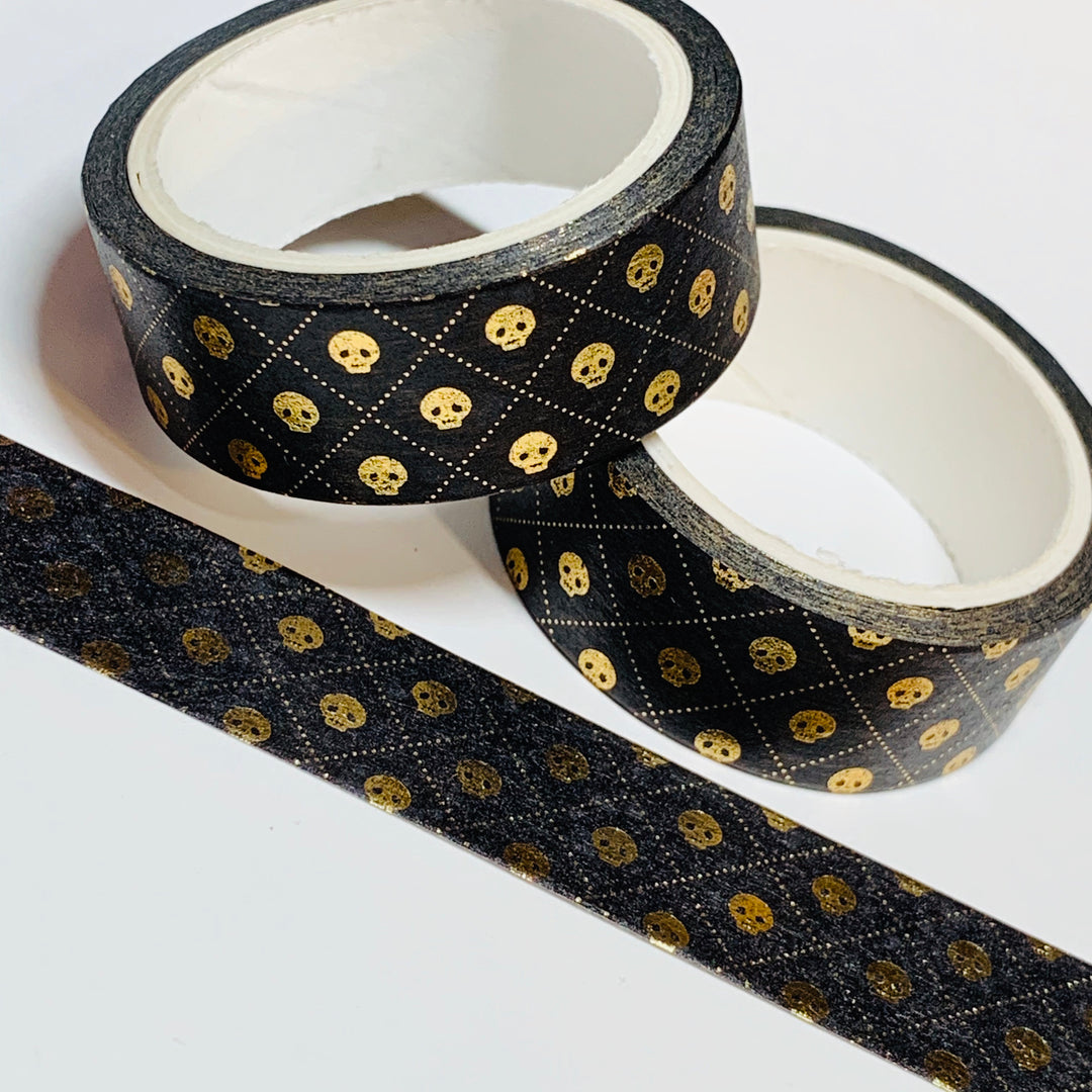 GOLD FOIL SKULLS Halloween Washi Tape ~ 1 Roll ~ 15mm x 5m (16 Feet)