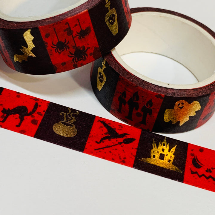 BLACK & RED SCARY Tiles Halloween Washi Tape ~ 1 Roll ~ 15mm x 5m (16 Feet)