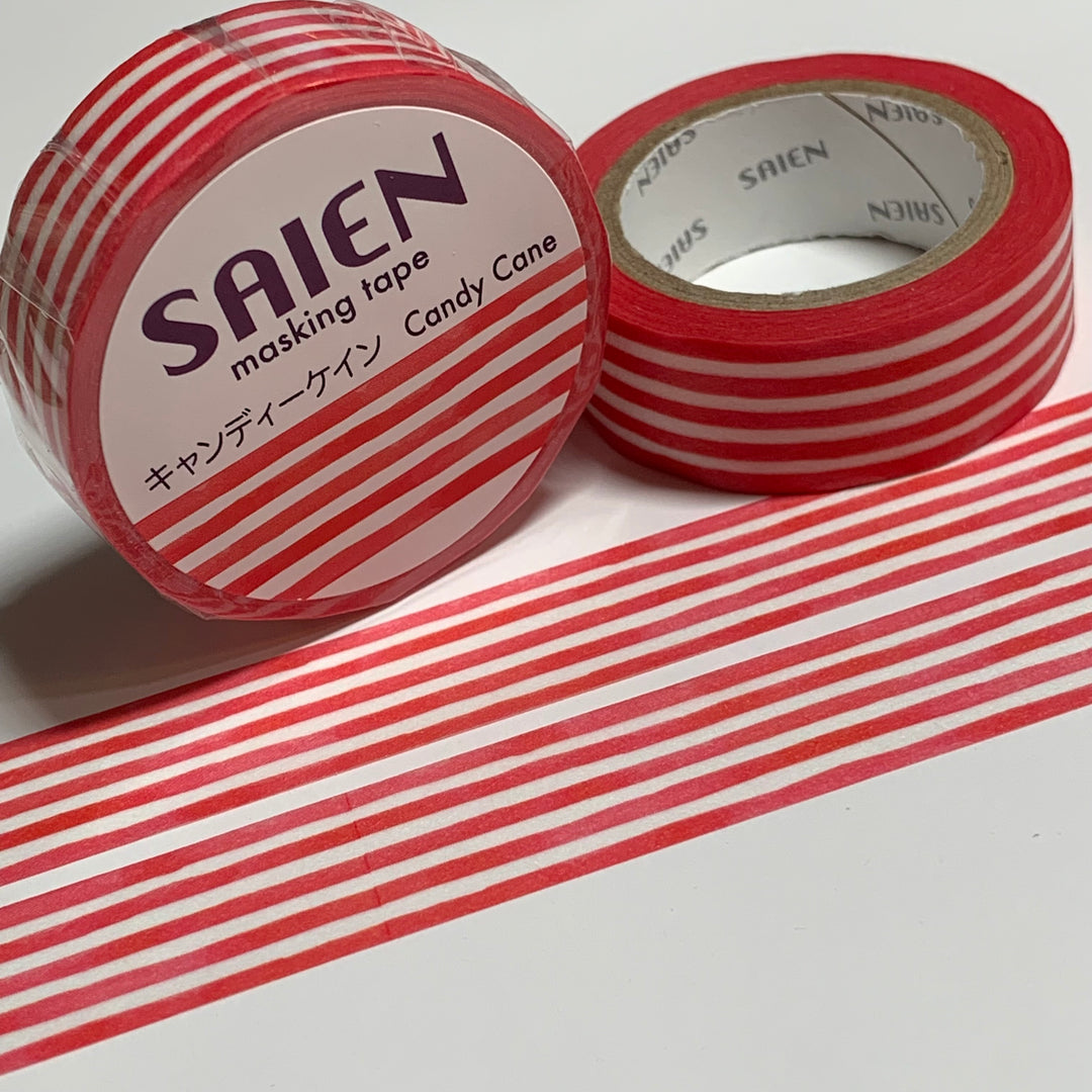 CANDY CANE STRIPE Red & White Saien Masking Washi Tape ~ 1 Roll ~ 15mm x 10m (33 Feet)