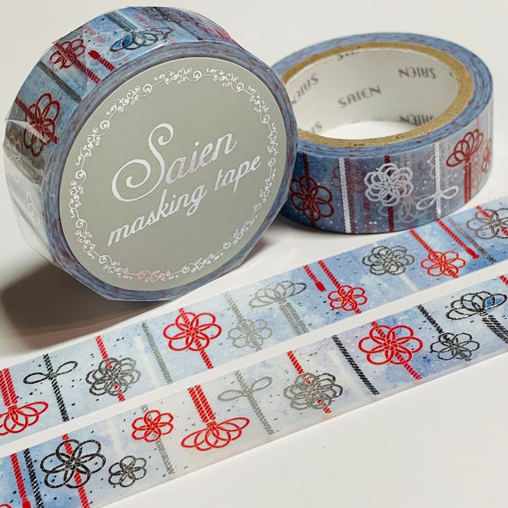 RED And SILVER BRAIDS Foil Floral Saien Masking Washi Tape ~ 1 Roll ~ 15mm x 7m (23 Feet)