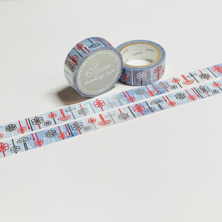 RED And SILVER BRAIDS Foil Floral Saien Masking Washi Tape ~ 1 Roll ~ 15mm x 7m (23 Feet)