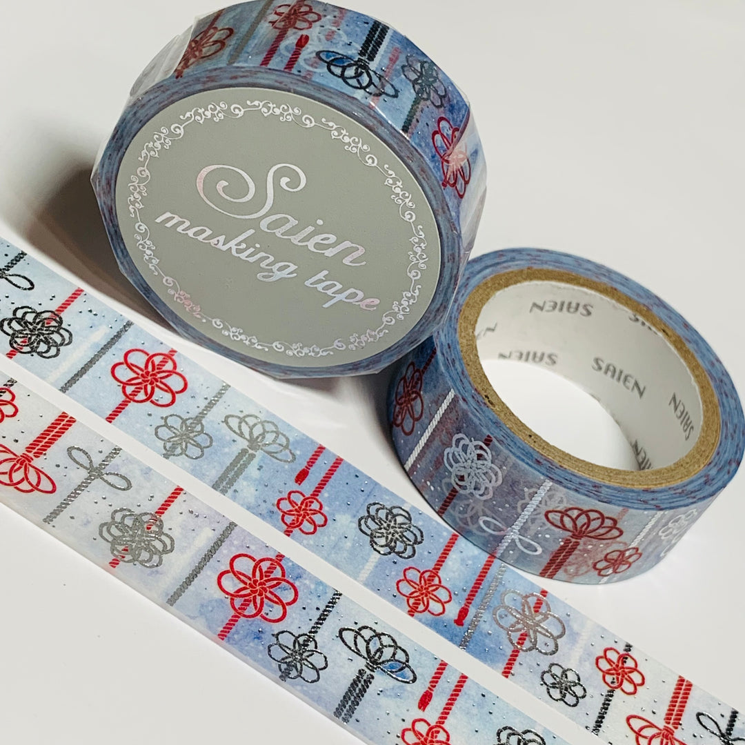 RED And SILVER BRAIDS Foil Floral Saien Masking Washi Tape ~ 1 Roll ~ 15mm x 7m (23 Feet)