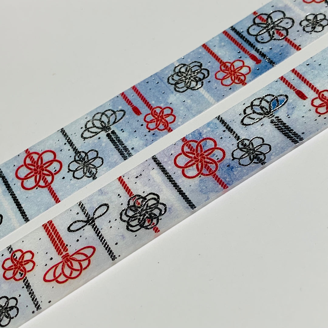 RED And SILVER BRAIDS Foil Floral Saien Masking Washi Tape ~ 1 Roll ~ 15mm x 7m (23 Feet)