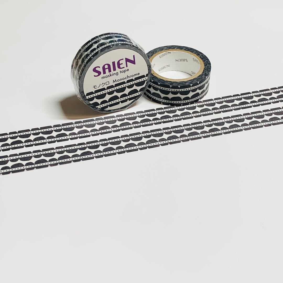 BLACK & WHITE MONOCHROME Saien Masking Washi Tape ~ 1 Roll ~ 15mm x 10m (33 Feet)