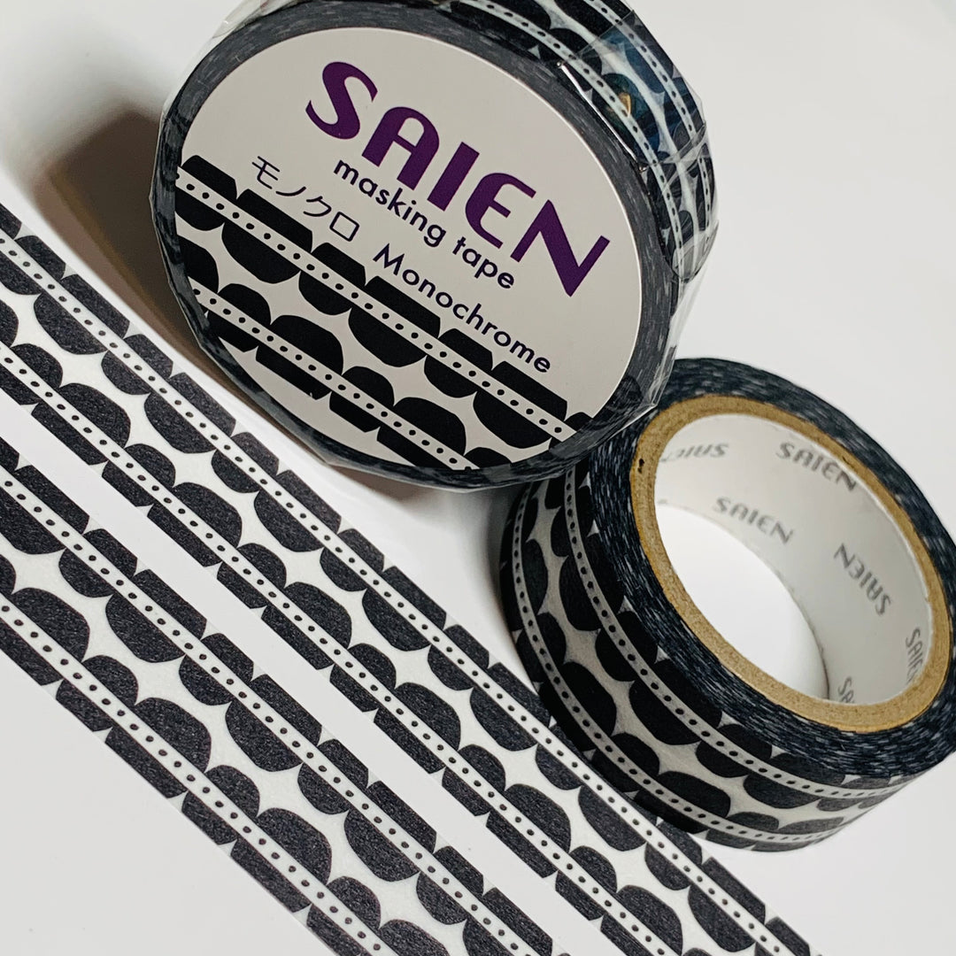 BLACK & WHITE MONOCHROME Saien Masking Washi Tape ~ 1 Roll ~ 15mm x 10m (33 Feet)