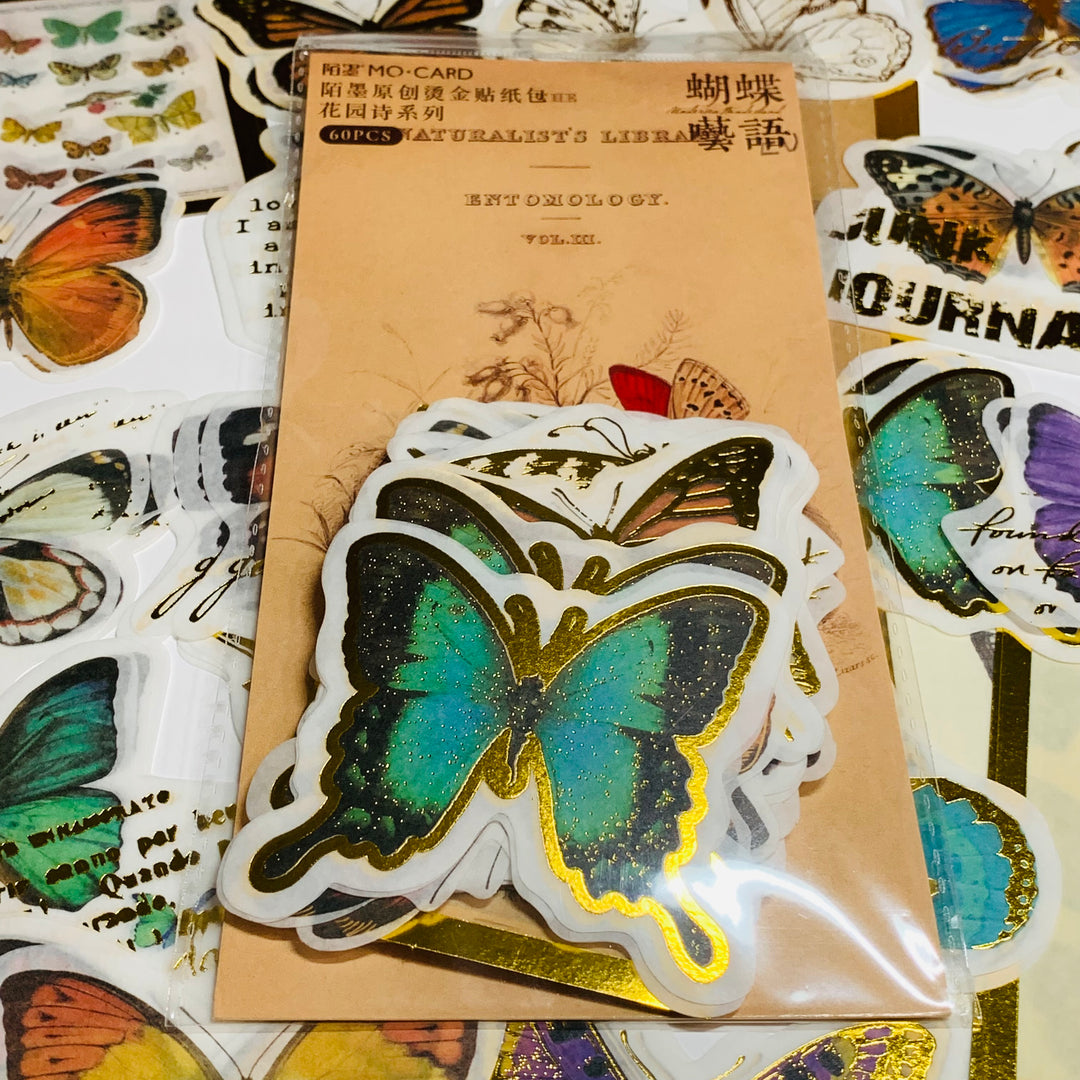 ENTOMOLOGY BUTTERFLY STUDY Journaling Gold Foil Stickers Pack ~ 60 Stickers ~ 40 - 95mm