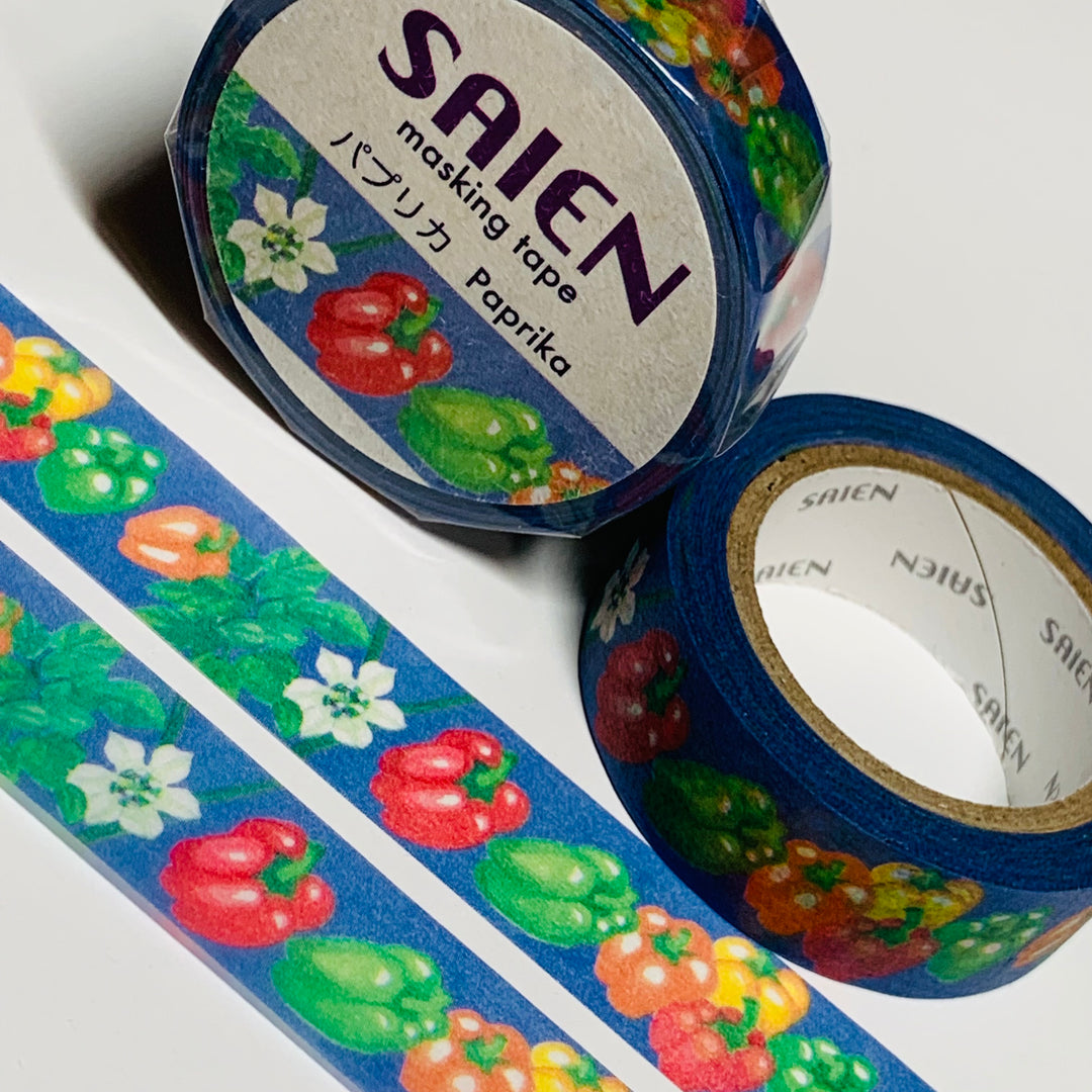 PAPRIKA RED GREEN ORANGE YELLOW PEPPERS Saien Masking Washi Tape ~ 1 Roll ~ 15mm x 10m (33 Feet)