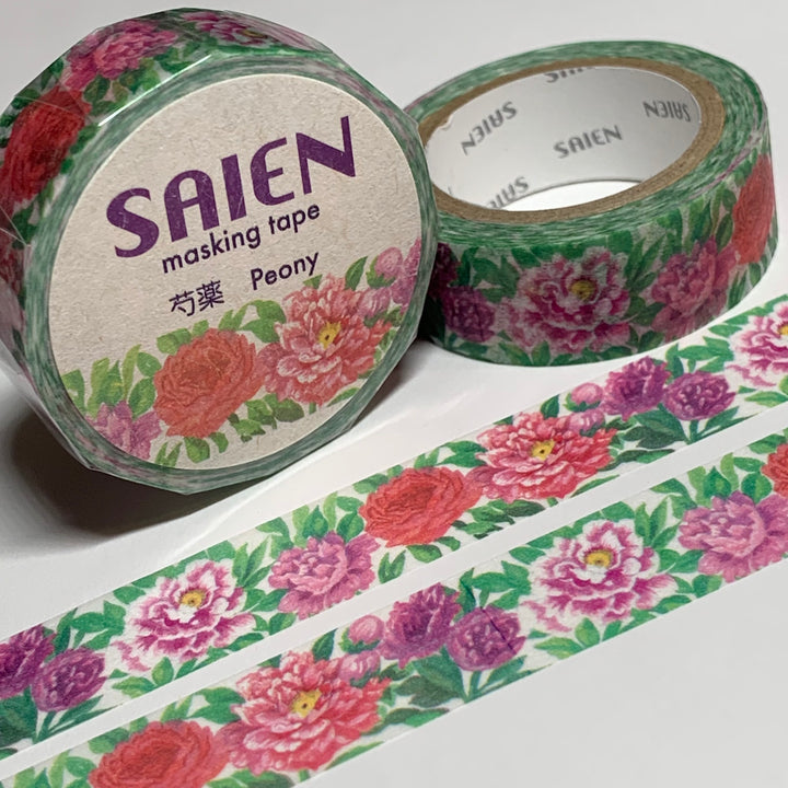 PEONIES PINK & PURPLE Floral Saien Masking Washi Tape ~ 1 Roll ~ 15mm x 10m (33 Feet)