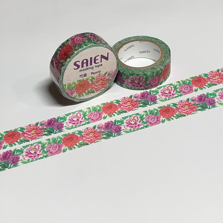 PEONIES PINK & PURPLE Floral Saien Masking Washi Tape ~ 1 Roll ~ 15mm x 10m (33 Feet)