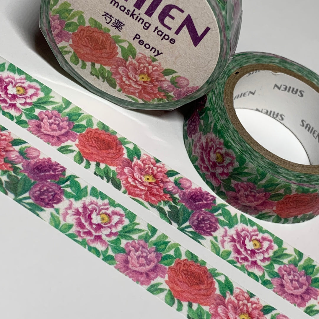 PEONIES PINK & PURPLE Floral Saien Masking Washi Tape ~ 1 Roll ~ 15mm x 10m (33 Feet)