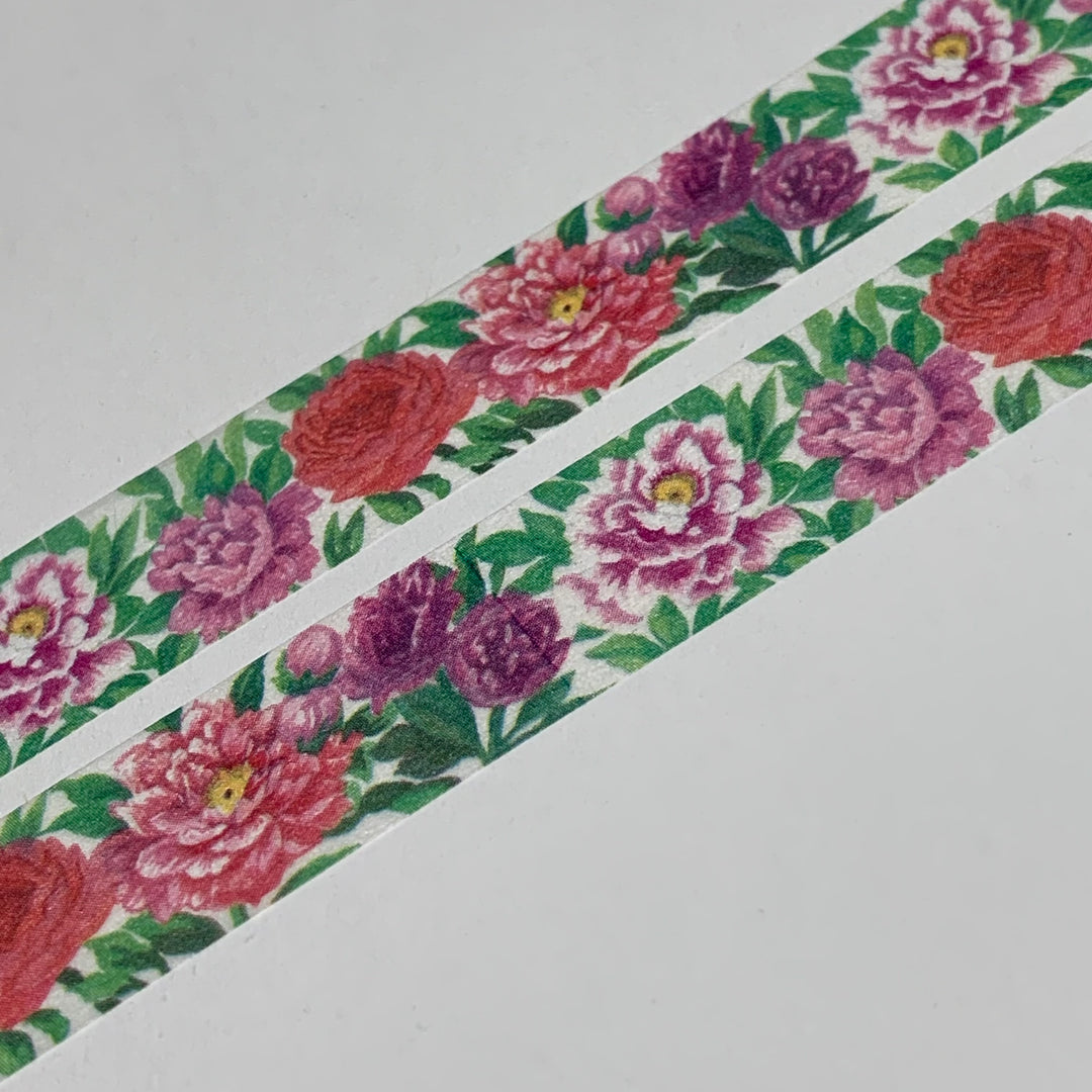 PEONIES PINK & PURPLE Floral Saien Masking Washi Tape ~ 1 Roll ~ 15mm x 10m (33 Feet)