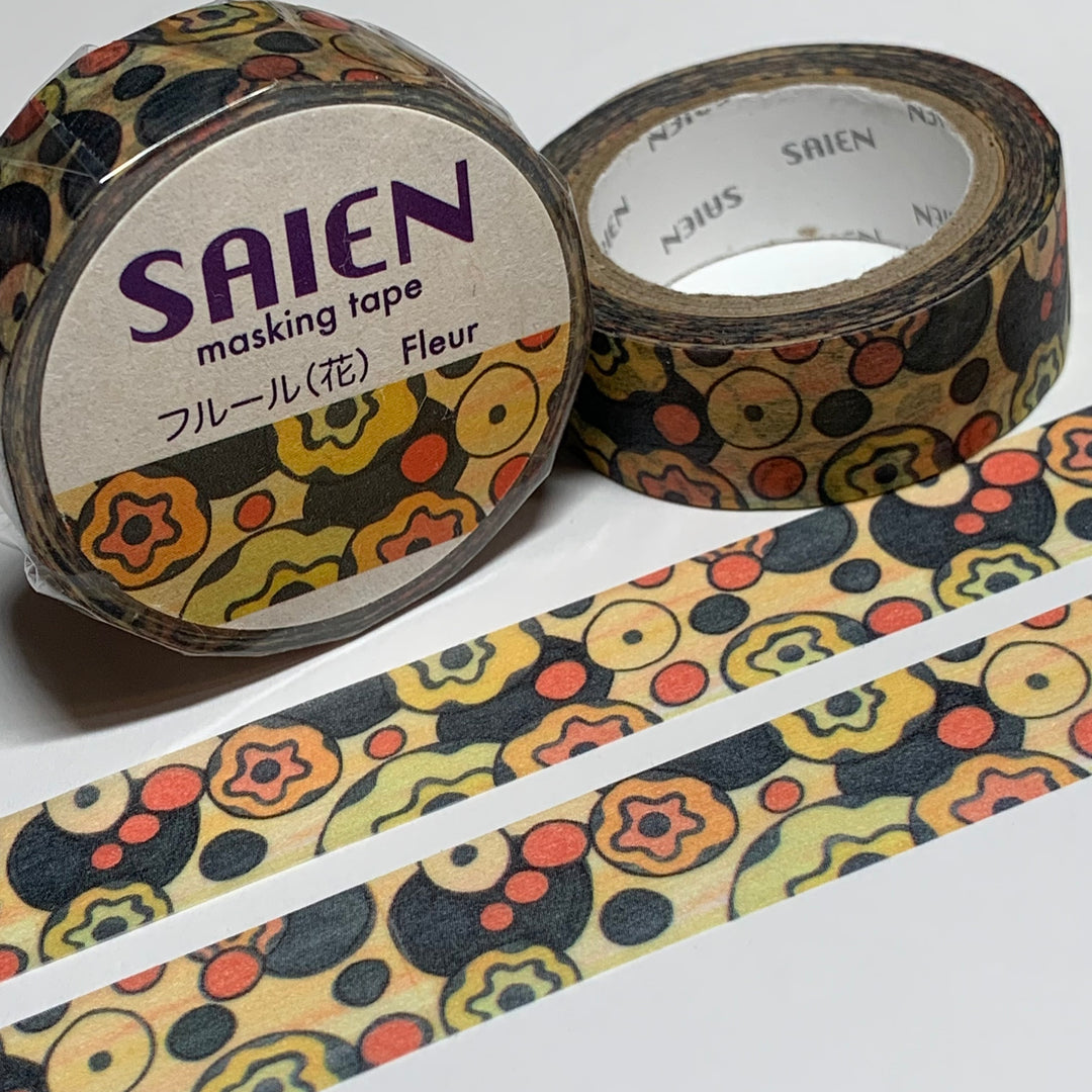 TRIPPY SEVENTIES FLOWERS Saien Masking Washi Tape ~ 1 Roll ~ 15mm x 10m (33 Feet)