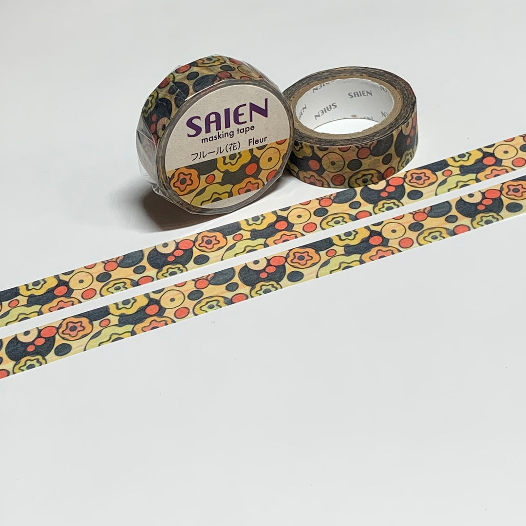 TRIPPY SEVENTIES FLOWERS Saien Masking Washi Tape ~ 1 Roll ~ 15mm x 10m (33 Feet)