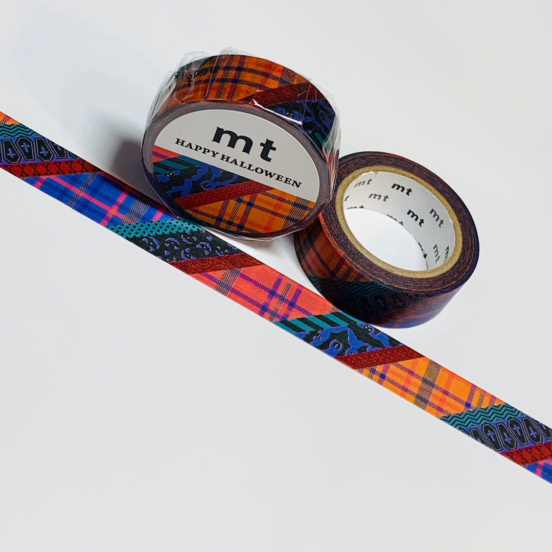 HALLOWEEN PATCHWORK PLAID With Coffins and Bats Mt Washi Tape ~ 1 Roll ~ 15mm x 7m (23 Feet)