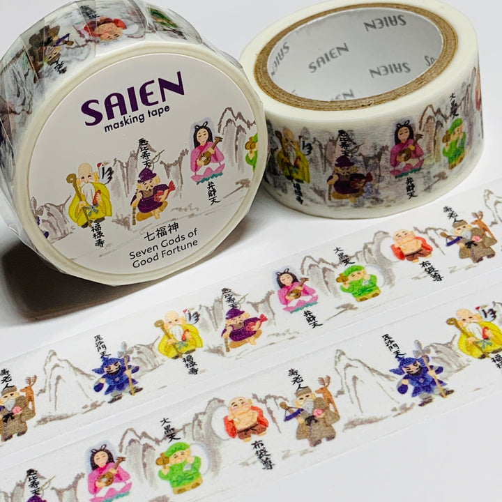 SEVEN GODS Of GOOD FORTUNE Saien Masking Washi Tape ~ 1 Roll ~ 20mm x 7m (23 Feet)