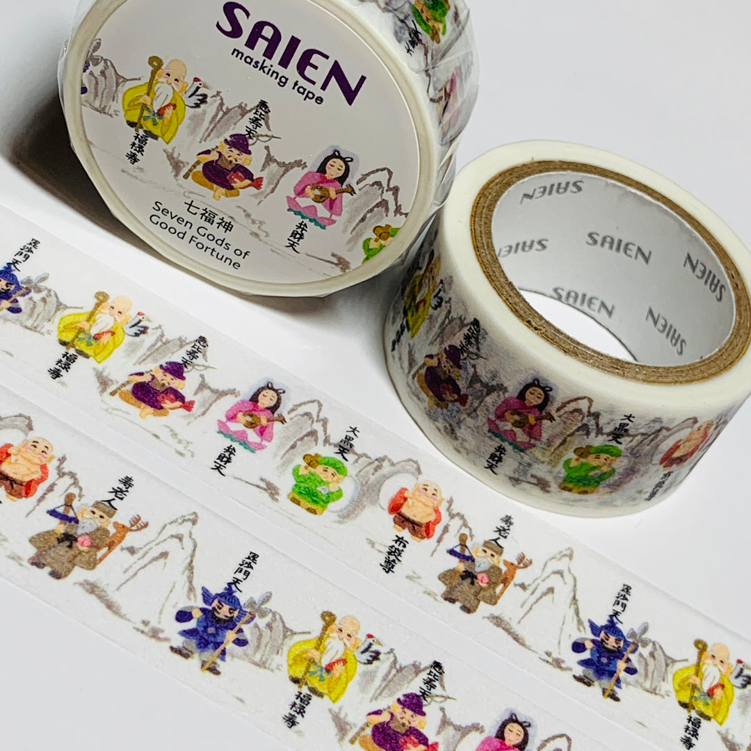 SEVEN GODS Of GOOD FORTUNE Saien Masking Washi Tape ~ 1 Roll ~ 20mm x 7m (23 Feet)