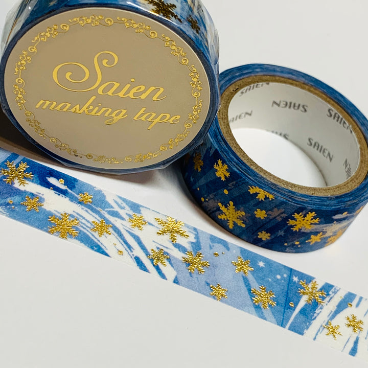 BLUE BLIZZARD SNOWFLAKES Gold Foil Saien Masking Washi Tape ~ 1 Roll ~ 15mm x 7m (23 Feet)